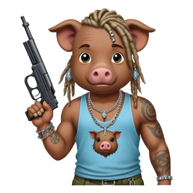 african-american race pig with dreads looking gangster with gun and tank top, with diamond blinging chain, with tattoos sticker
