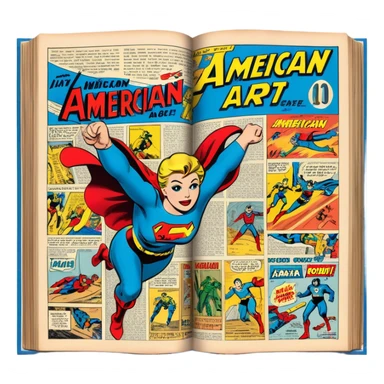 Create a vibrant emoji representing comic books and graphic novels. The design should feature a large, open comic book or vintage comic magazine with pages displaying classic American comic art, with text in Russian. The comic pages should have bold, dynamic panels and action scenes. Include a pencil writing on the pages, but without a hand, to symbolize the artistic creation of comics. Use bright colors like red, blue, and yellow, with a retro feel to the design. Make the background transparent. sticker