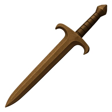 Adjust the color of the bronze longsword to match the slightly darker bronze of the reference greatsword, keeping a realistic metallic and worn look. The style should emulate the emoji style with a transparent background. sticker