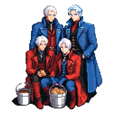 Dante and Vergil from Devil May Cry sitting together in a KFC family bucket, Dante in red coat, Vergil in blue coat, both with white hair sticker
