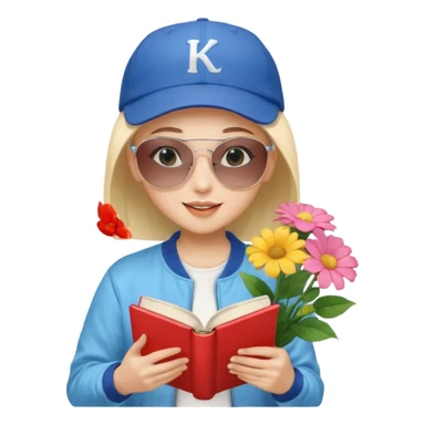 ["A happy girl with light skin, bald, wearing a baseball cap and sunglasses, dressed in K-pop fashion, is reading a book while holding a flower bouquet."] sticker