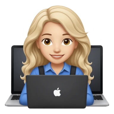 Cute female developer style sitting in front of laptop. No glasses, smiling with long hair waves. Light skin tone in early 20s. One black hair laptop sticker
