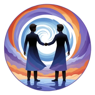 Center composition: Two silhouetted figures standing back-to-back or side-by-side in a circle of calm (soft blues, lavenders, white light)
Around them: Swirling storm energy—abstract shapes, wind lines, chaotic movement in reds, oranges, and dark grays sticker