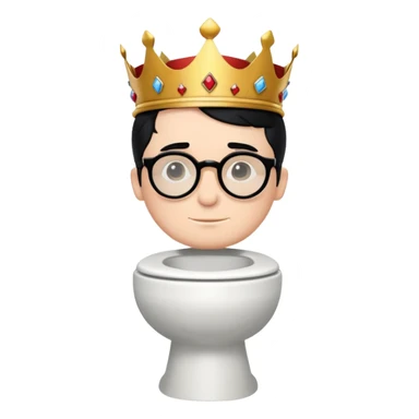 King Charles III with royal crown sitting on a toilet, wearing round glasses and black hair sticker