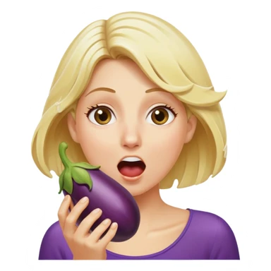blond woman eating an eggplant, water stream squirting out of the aubergine, surprised expression, clear water splash sticker