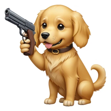Golden retriever holding a gun with a mad face sticker