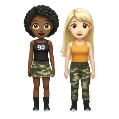 Blonde girl white with bangs and camo pants with brown girl with black hair in braid wearing skirt and tank top  sticker