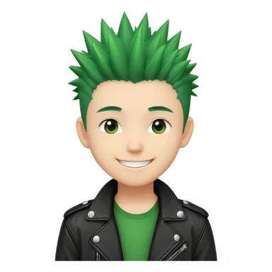 "- Nam
- 15 tuổi
- Da trắng
- Tóc xanh lá cây vuốt nhọn dựng đứng
- áo khoác da đen, mặt cười tươi
" sticker