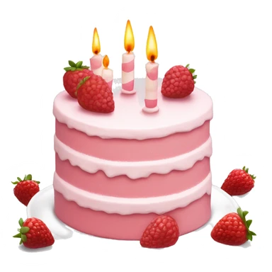 light pink and white cake on white colored plate with raspberries and strawberries and candles sticker