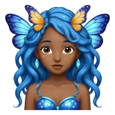 Black girl fairy with long wavy blue hair butterfly wings sparkly sticker