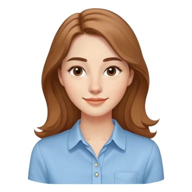 Young adult woman with oval delicate face, soft features, fine jawline, bright friendly smile, large expressive light brown almond eyes, medium arched eyebrows, proportional nose, defined lips, long light brown hair with gentle waves, wearing a casual feminine-cut light blue shirt sticker