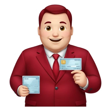 huge fat guy bold head in dark red velvet suit holding cheque sticker