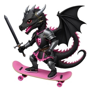 zwarte ridder met een zwarte zwaart en een zwarte schild met een zwarte draak op en hij skate met een roze skatebord en hij  zit tegen een draak te vechten sticker