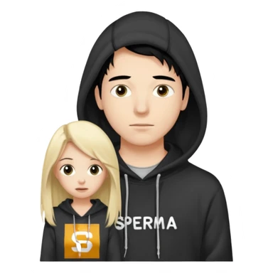 I want it to be this emote 🙍‍♂️
of a guy with black hair and a black sweatshirt with the word "sperma" written in white in the middle. Behind him, there's a pretty blonde with long hair, pulling the string on the first person's hoodie. The girl is wearing a gray sweatshirt. sticker