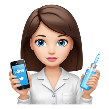 Barbie girl with makeup, blue eyes , and bob long haircut, short brown hair in white pajamas, face gel in hand sticker