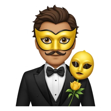 A man facing forward wearing a tuxedo with a yellow canary mask. The canary mask is in the style of a Venetian carnival mask. sticker