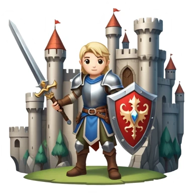 An icon symbolizing a RPG game, featuring a character holding a sword and shield, standing in front of a fantasy world with castles, dungeons and mythical creatures. The design emphasizes exploration, quests with elements like health bars and inventory icons. Transparent background sticker