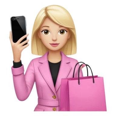 Blond influencer taking selfie with an iphone with one hand and a pink shopping bag next to her  sticker