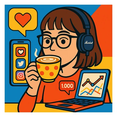 A girl with shoulder-length brown straight hair, wearing black-rimmed glasses, light skin, brown eyes, and black Marshall headphones, drinking a cappuccino. She is a social media manager, so include visual elements like a phone with social media apps or a laptop with analytics. sticker
