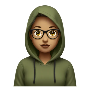Make 3D illustration  is a girl Shoulder length hair and eye glasses of an animated character sitting turn one's head straight face and black eyes but eye glasses square is olive green and wearing black hoodie but not use hoodie to head sticker
