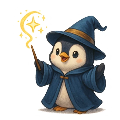 a cute penguin wizard casting a spell, wearing a robe and hat, magical, charming character illustration sticker