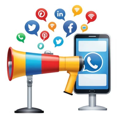 An icon featuring a megaphone, a press release, and a social media icon, symbolizing advertising and public relations. The design includes a billboard and communication network lines, representing brand promotion and media outreach. Transparent background highlights the power of communication. sticker
