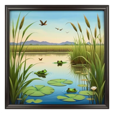 Cinematic Realistic Wetlands Emoji in a wooden frame, Peaceful and serene, with tall grasses swaying in the breeze and soft, muddy waters reflecting the sky above. Small birds and insects flit among the reeds while lily pads float lazily across the surface, punctuated by the occasional croak of a frog or splash of a fish. Soft glowing outline, capturing the essence of a calm, tranquil wetland brimming with life and natural beauty. sticker