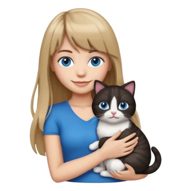 Apple-style emoji sticker of a young woman with long dark blond hair and bangs, blue eyes , holding a black-and-white cat on her chest, both smiling.  sticker
