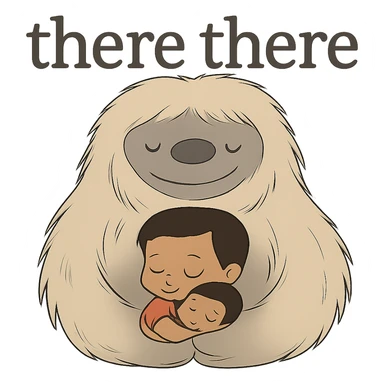 Further reduce the image file size while keeping the background transparent and preserving the 'there there' text through the head of the Abominable Snowman hugging the much smaller kid. Prioritize file size reduction. sticker