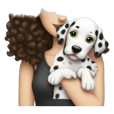 White Girl with dark brown curly hair and green eyes is holding Dalmatian puppy sticker
