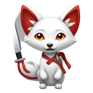 white kitsune with red markings and three tails holding knife sticker