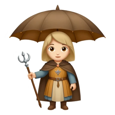 vorrei un piccolo pellegrino medievale in stile stickers sotto la pioggia con un grande ombrello sticker