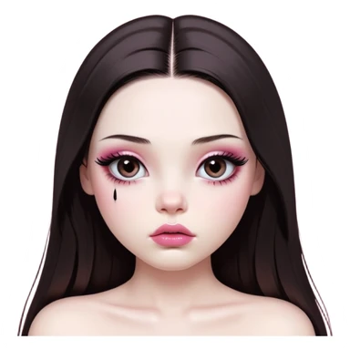 girl with white skin, dark brown long realistic straight hair with middle part prominently falling in front of her body over her shoulders, very big pouty extremely glossy ultra-shiny lips with nude reddish-pink lip gloss and absolutely no cupid's bow, big round eyes with very black shiny eyeballs and huge eyelashes, no eyeshadow, pink blush on cheeks, lighter button nose, extremely long oval-shaped face, wearing a pink off-shoulder top, looking directly at camera with hands down at sides sticker