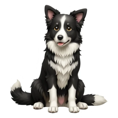 cinematic-[border collie dog]-realistic-full-body-sitting-emoji,-tail-resting-loosely-beside-its-paws,-head-tilted-dramatically,-scruffy-[black and white]-fur,-simplified-yet-realistic-focused-features,-highly-detailed,-glowing-with-an-almost-sarcastic-glow sticker