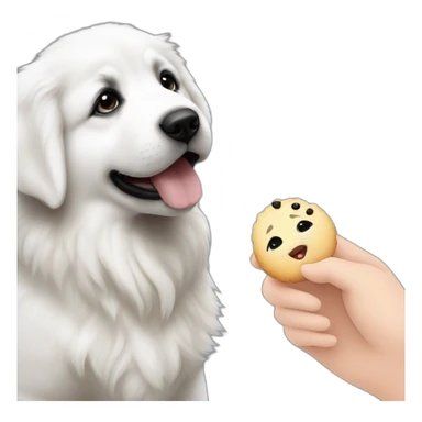 Great pyrenees puppy with black spot on eyes posing on the side looking at a hand with a treat sticker