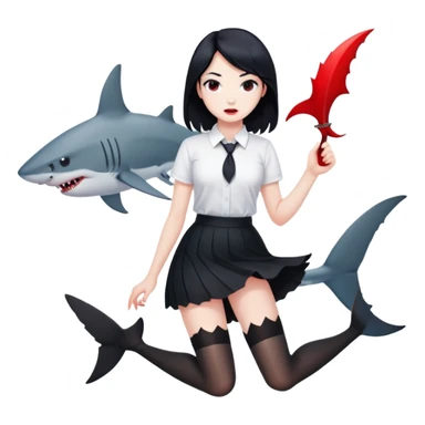 A girl in a white shirt, a black skirt and stockings with black hair, but there are glimpses of red on some areas of hair and also with a shark tail sticker