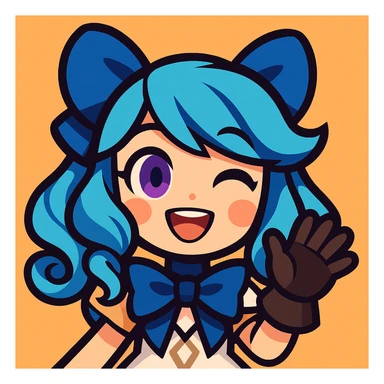 chibi style Gwen from League of Legends, only head, right eye purple, one hand waving with glove, smiling and energetic, vibrant toon style sticker