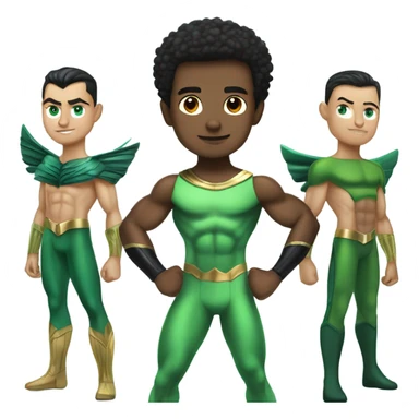 A full body Muscular Afro teenage boy standing in a green and the Sub Mariner Prince Namor with “wings on each ankle superhero costume. sticker
