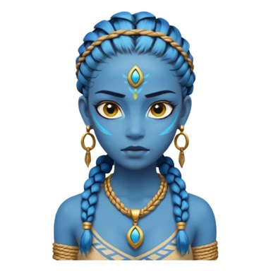 Create an icon of a Na’vi-inspired female character with glowing blue skin, braided hair, tribal forehead markings, large expressive eyes, gold earrings, and a rope necklace with a golden pendant. The expression should be calm and serious, matching the style of the movie Avatar sticker