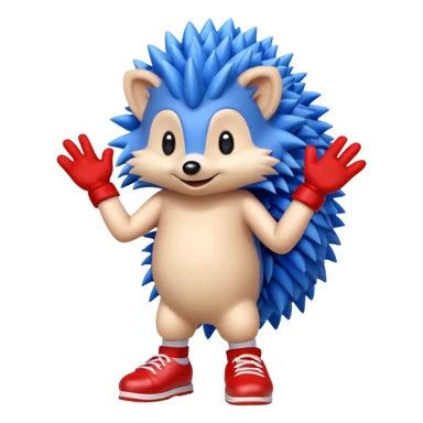 a blue hedgehog that has arms and legs with a tan chest fur, and some gloves and red and white shoes sticker