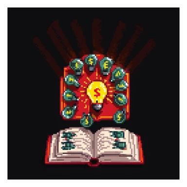 pixel art style, an open red book with lightbulbs and dollar signs emerging, illuminated by a spotlight sticker