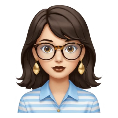 An emoji featuring a woman with long wavy dark brown hair and a whispy bang, wearing thick tortoise SQUARE glasses, gold drop earrings. She has long lashes and a nude browny glossy lipstick. She's wearing an oversize light blue shirt with white vertical strips. sticker