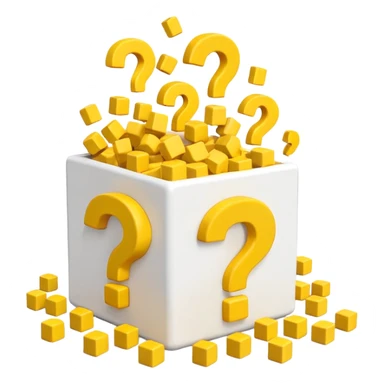white cube shaped box over stuffed with yellow question marks sticker