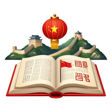 An icon featuring the Great Wall of China and the flag of China, symbolizing the Chinese language. The design includes an open book with Chinese characters and a red lantern, representing language learning and rich cultural tradition. Transparent background highlights the depth of Chinese heritage. sticker