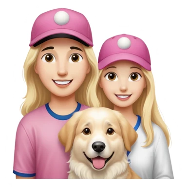 A very large goofy looking great Pyrenees dog with his golden retriever brother, and a very pretty blonde girl, smiling very big with large eyes and a pink baseball cap sticker