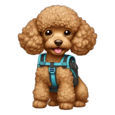 Light brown toy poodle with a backpack sticker