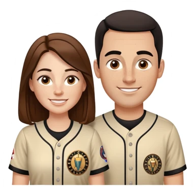 *White* couple smiling. Woman has big cheeks and a lot of freckles on the nose. long brown hair. Man has black and very short hair and prominent eyebrows with egipcian nose. Both are wearing “Los Padres” baseball jearsey sticker