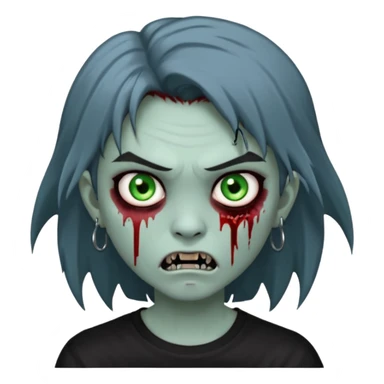 3D emoji-style avatar with very pale blue-grey zombie skin, dark brown hair, a young Asian face, and large green eyes with blood tears. Give it white litle bit messy mullet hair style , silver hoop earrings, and a plain black T-shirt. The face expression should be slightly angry, with vampire fang sticker