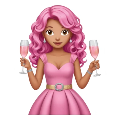 One lady with long pink curled hair and tan skin wearing a pink dress with sparkly belt holding a glass of pink champagne in each hand sticker