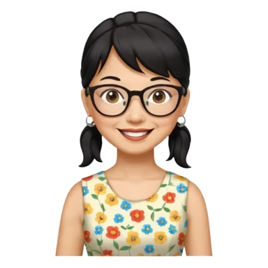 filipino woman black hair in one pony tail with straight bangs and big glasses, 60 yr old, nice dress

 sticker